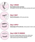 Instructions for applying Super Strong Lash Glue For Strip Lashes With Brush-On Applicator, Waterproof 48-Hour Hold, Quick-Drying Formula.