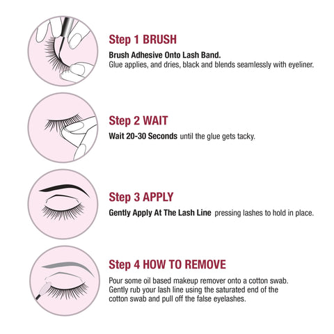 Instructions for applying Super Strong Lash Glue For Strip Lashes With Brush-On Applicator, Waterproof 48-Hour Hold, Quick-Drying Formula.