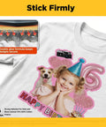 T-shirt with birthday design using light fabric printable heat transfer paper for inkjet and laser printers 10 sheets 8 by 11 inches.