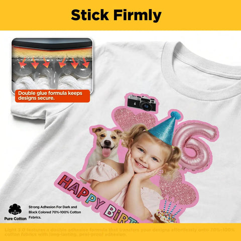 T-shirt with birthday design using light fabric printable heat transfer paper for inkjet and laser printers 10 sheets 8 by 11 inches.