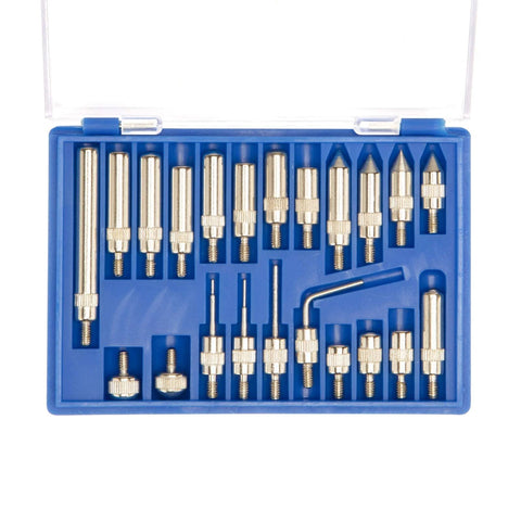 Dial indicator accessory kit in a blue case containing assorted precision probe tips and an L-shaped hex key