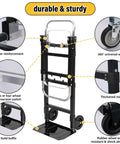 3 In 1 Folding Hand Truck And Convertible Dolly For Moving Heavy Loads Anywhere With Smooth Silent Rubber Wheels And Two 6 Inch Wheels Plus Two 4 Inch 360 Degree Swivel Wheels Ready To Roll For Easy Transport, black carbon steel frame