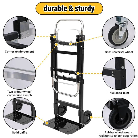 3 In 1 Folding Hand Truck And Convertible Dolly For Moving Heavy Loads Anywhere With Smooth Silent Rubber Wheels And Two 6 Inch Wheels Plus Two 4 Inch 360 Degree Swivel Wheels Ready To Roll For Easy Transport, black carbon steel frame