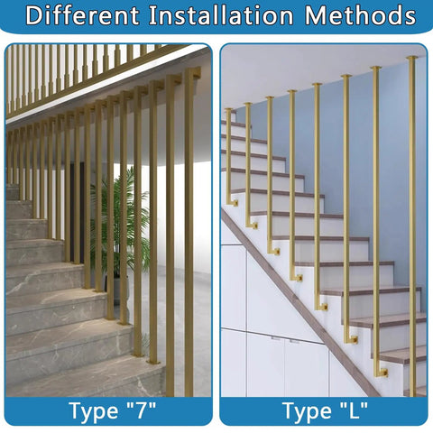 Different installation methods for Real Deal Gold L Shape Stair Handrail Built Tough For Indoor Steps Heavy Duty Galvanized Metal Guardrail.