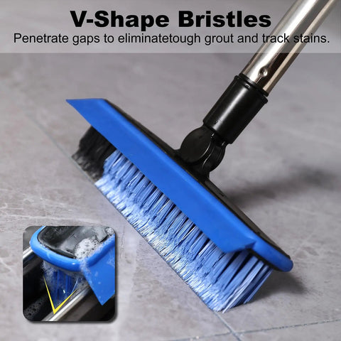 Close-up of blue V-shaped bristle head on long handle grout scrub brush with built-in squeegee edge for tile crevices cleaning.