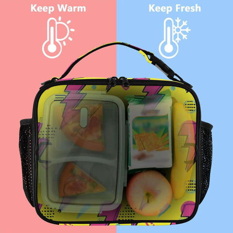 Lightning Bolt Insulated Lunch Bag Yellow Portable Cooler With Shoulder Straps For Office Travel School And Everyday Meals All Day Durable Polyester Large Main Compartment Plus Side Mesh Pockets Keeps Meals Fresh, front view