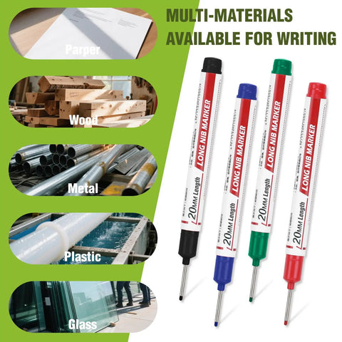 Premium Long Nib Markers And Deep Hole Marker Pens Waterproof Construction Marking Tools With Built In Ruler, four colors displayed.