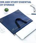 Go Anywhere Heavy Duty Large Zipper Pouch With Handle Fits A4 Paper And 16 Inch Laptop, Waterproof Oxford File Bag, Spacious Organizer For Office Travel And Daily Grind In Blue with a laptop inside.
