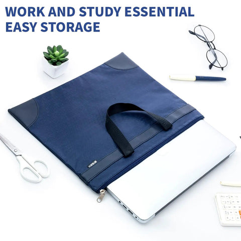 Go Anywhere Heavy Duty Large Zipper Pouch With Handle Fits A4 Paper And 16 Inch Laptop, Waterproof Oxford File Bag, Spacious Organizer For Office Travel And Daily Grind In Blue with a laptop inside.