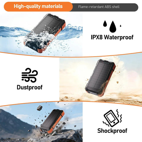 Ultra High Capacity Solar Power Bank On The Go 49800mAh with IPX8 waterproof, dustproof, and shockproof features displayed.