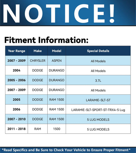 Fitment information chart for 2004-2009 Dodge Durango, Chrysler Aspen, and Ram 1500 models with special details.