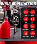 Heavy Duty Fuel Transfer Pump With Slick Quick Flow Control Nozzle And 10 FT Vinyl Discharge Hose in use fueling a car.