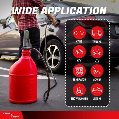 Heavy Duty Fuel Transfer Pump With Slick Quick Flow Control Nozzle And 10 FT Vinyl Discharge Hose in use fueling a car.