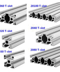Image showcasing various T-slot aluminum profiles: 3060, 20100, 2020, 2040, 3030, and 2080 T Slot Aluminum Profile Extrusion Linear Rail.
