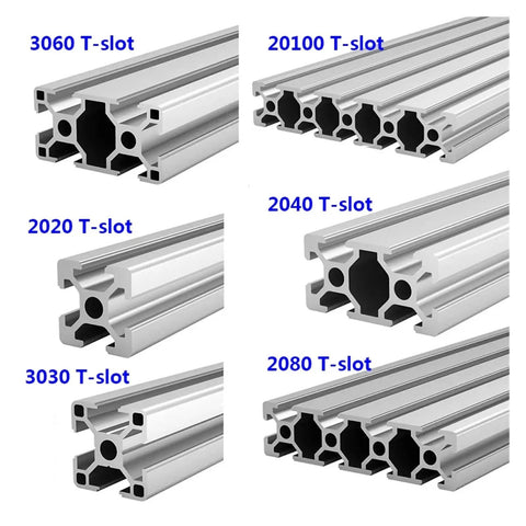 Image showcasing various T-slot aluminum profiles: 3060, 20100, 2020, 2040, 3030, and 2080 T Slot Aluminum Profile Extrusion Linear Rail.