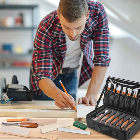 Man using All In One Wood Carving Kit For Beginners 35 Piece Set with whittling knives, chisels, and storage bag in home workshop.