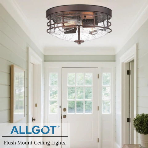 Oil Rubbed Bronze 2 Light Flush Mount Ceiling Light With Seeded Glass Industrial Close To Ceiling Fixture in hallway