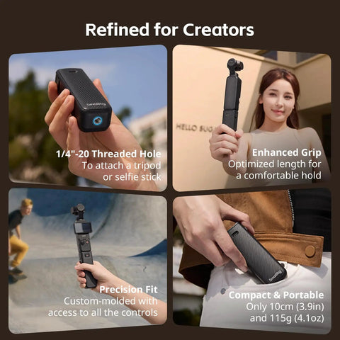5000mAh Battery Grip For Pocket 4 By 3 Camera With 20W fast charge, held, showing tripod thread, grip, portability, in various scenes.