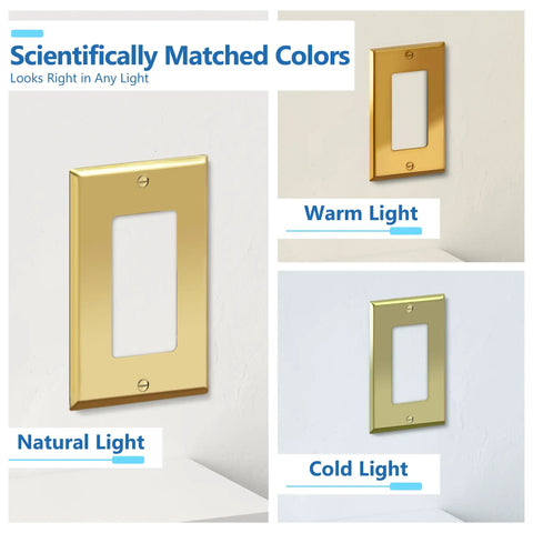 Decorator Switch Or Receptacle Metal Wall Plate Built Tough With Corrosion Resistant Stainless Steel And Polished Brass Finish, 1-Gang 4.88 By 3.11 Inches, UL Listed Outlet Cover, Durable 1 Pack in different lighting conditions.