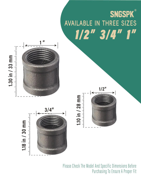 Heavy Duty 3/4 Inch Female Thread Cast Iron Pipe Coupling Fittings 4 Pack For Plumbing Furniture Build Shelving And Industrial Style Decor Durable And Easy To Install shown in three sizes.
