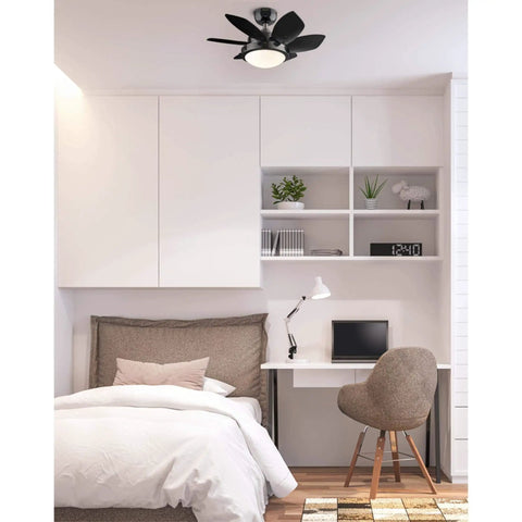Quince 24 Inch LED Ceiling Fan With Light In Gun Metal Finish in small bedroom, reversible black and graphite blades, opal glass
