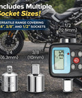 Digital Torque Wrench Adapter Kit With 4-135Nm Range And Electronic Display, shown with 1/4, 3/8, and 1/2 inch adapters