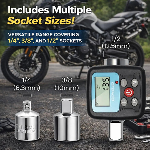 Digital Torque Wrench Adapter Kit With 4-135Nm Range And Electronic Display, shown with 1/4, 3/8, and 1/2 inch adapters