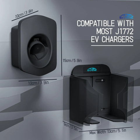 Tough As Nails Wall Mount EV Charger Holder And Cable Organizer Set With Adjustable Nozzle Holster Dock For SAE J1772 side view with measurements.