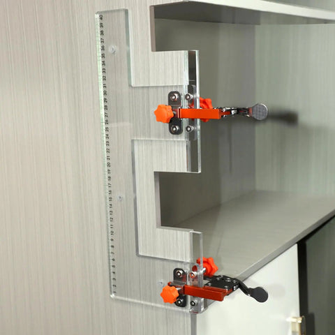 Rock Solid Heavy Duty Adjustable Wood Drawer Slide Jig With Dead On Positioning Clips clamped to a cabinet edge for precise alignment.