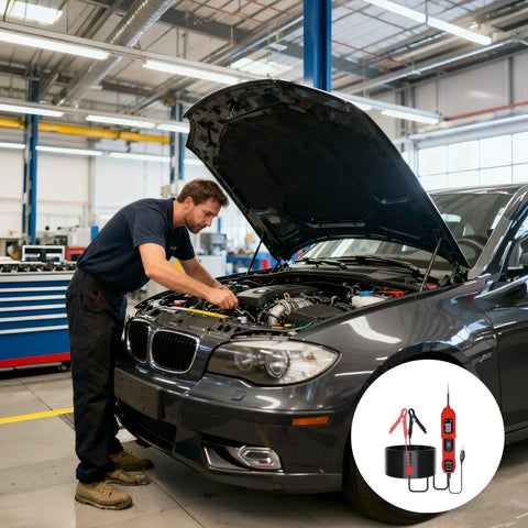 Must-Have Automotive Circuit Tester With Bright LCD Screen For Fast Car Electrical Diagnosis used by a technician diagnosing car electrical issues.