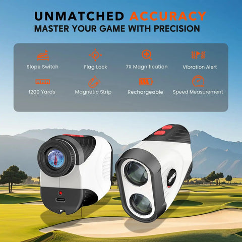 High Precision Golf Rangefinder With Slope, Measures Up To 1200 Yards At 0.5 Yard Accuracy, 7X Magnification, Flag Lock Vibration, Rechargeable Range Finder With Magnetic Strip, Continuous Scan, Fast On Course Distances For Quick Club Choices on golf course background