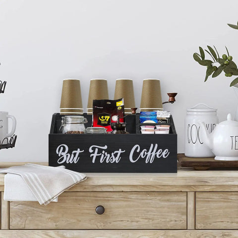 Rustic Coffee Bar Organizer With Storage Bin And K Cup Holder, Double Sided But First Coffee And Coffee Bar Sign on wooden counter