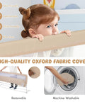 Foldable Bed Rail For Toddlers And Tots 71 Inch Safety Guard with Straps Child Lock covering crib, features removable Oxford cover.