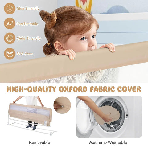 Foldable Bed Rail For Toddlers And Tots 71 Inch Safety Guard with Straps Child Lock covering crib, features removable Oxford cover.