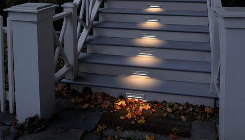 Six Pack Low Voltage LED Linear Step Lights For Outdoor Stairs That Glow Smoothly 9 To 15 Volt AC DC 2 Watt Waterproof Die Cast Aluminum illuminating steps