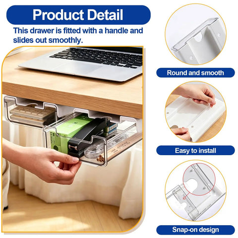 Under Desk Storage Drawer Organizer Two Pack Stick On Self Adhesive Slide Out Drawers for Under Table shown with smooth sliding feature