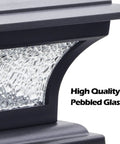 Close-up of Solar Post Cap Lights For 4x4 5x5 6x6 Posts with pebbled glass and black finish, showcasing texture.