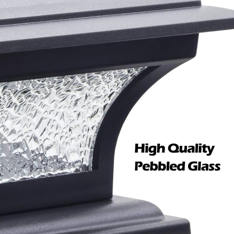 Close-up of Solar Post Cap Lights For 4x4 5x5 6x6 Posts with pebbled glass and black finish, showcasing texture.