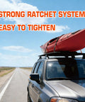 Black Ratchet Tie Down Straps Heavy Duty Towing Gear Lock Your Cargo Tight No Slip Grip For Pickup Trucks And Trailers One Inch By Fifteen Foot 1800 Lbs Breaking Strength 8 Pack securing a red kayak on a vehicle roof rack.