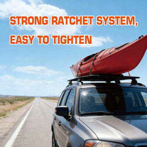 Black Ratchet Tie Down Straps Heavy Duty Towing Gear Lock Your Cargo Tight No Slip Grip For Pickup Trucks And Trailers One Inch By Fifteen Foot 1800 Lbs Breaking Strength 8 Pack securing a red kayak on a vehicle roof rack.