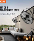 Outdoor patio with two-pack 18 inch waterproof wall mount fans, IP44 rated, high velocity 3 speeds, heavy duty black for commercial use.