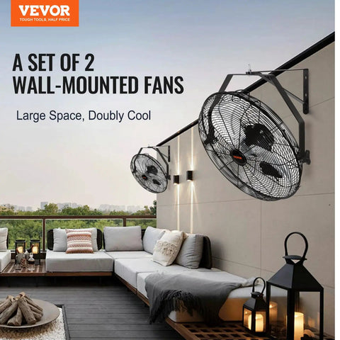Outdoor patio with two-pack 18 inch waterproof wall mount fans, IP44 rated, high velocity 3 speeds, heavy duty black for commercial use.