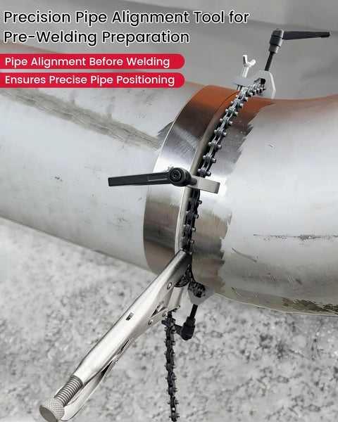Pro Grade Adjustable Pipe Alignment Chain Pliers And Tough As Nails Clamp For Up To 14 Inch Round Pipes securing stainless steel pipe before welding.