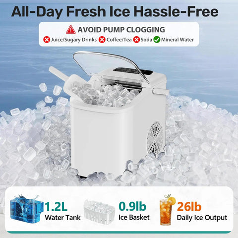 Compact Countertop Ice Maker With Self Cleaning Design And Rapid Cube Batch Output Built Straight For Your Kitchen Or Patio portable setup with ice and components.