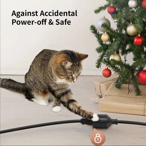 Cat paw interacting with locking plug of Three Foot Indoor Outdoor Extension Cord With Flat Plug And Locking 3 Prong Grounded Design