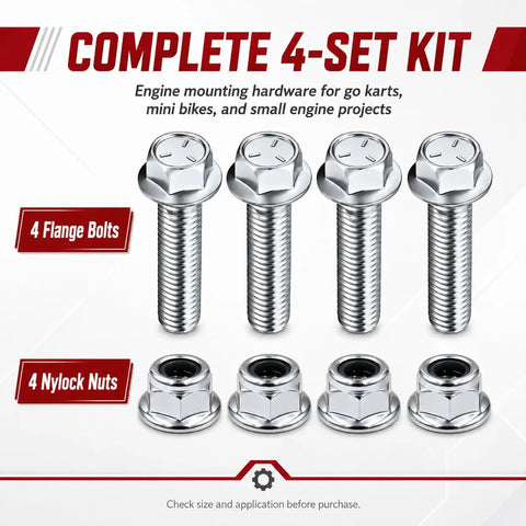 Tough As Nails Engine Mount Bolt Kit For Go Karts And Mini Bikes Four Piece Set with Grade Five Flange Bolts and Nylon Lock Nuts