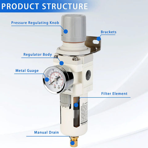 Beefy Three Eighth NPT Compressed Air Filter Regulator Combo With 5 Micron Brass Filter Semi Auto Drain Polycarbonate Bowl