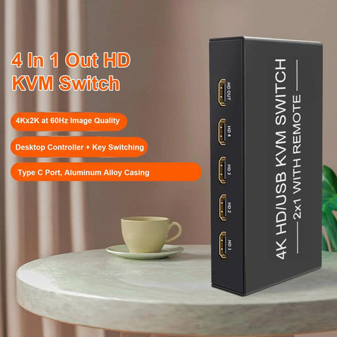4K HDMI KVM Switch For Dual Computers Seamlessly Share One Monitor With USB 3.0 Hub Quick Toggle Keyboard And Mouse Printer On Windows Linux PS5 Xbox Keep Your Desk Clean With This Reliable Universal Sharing Controller on a tabletop with a coffee cup.