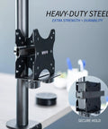 Slick And Durable Mini PC Mount Bracket Providing A Rock Solid VESA Under Desk And Monitor Arm Computer Holder For Thin Client CPU Docking Station No Sweat Setup Black mounted on a desk pole.