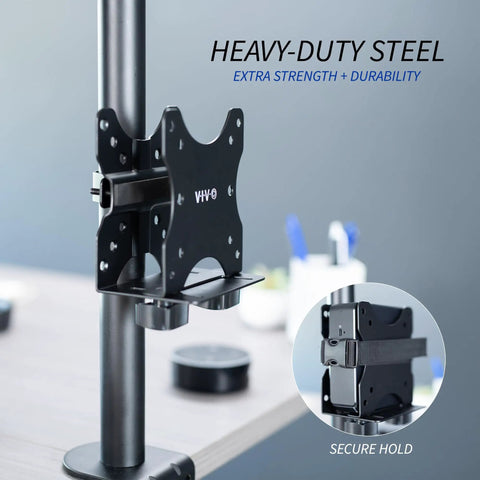 Slick And Durable Mini PC Mount Bracket Providing A Rock Solid VESA Under Desk And Monitor Arm Computer Holder For Thin Client CPU Docking Station No Sweat Setup Black mounted on a desk pole.